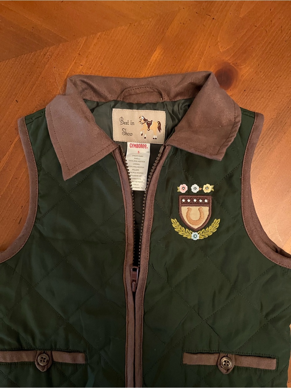 Girls Gymboree “Best in Show” Quilted Green Vest with Brown Trim